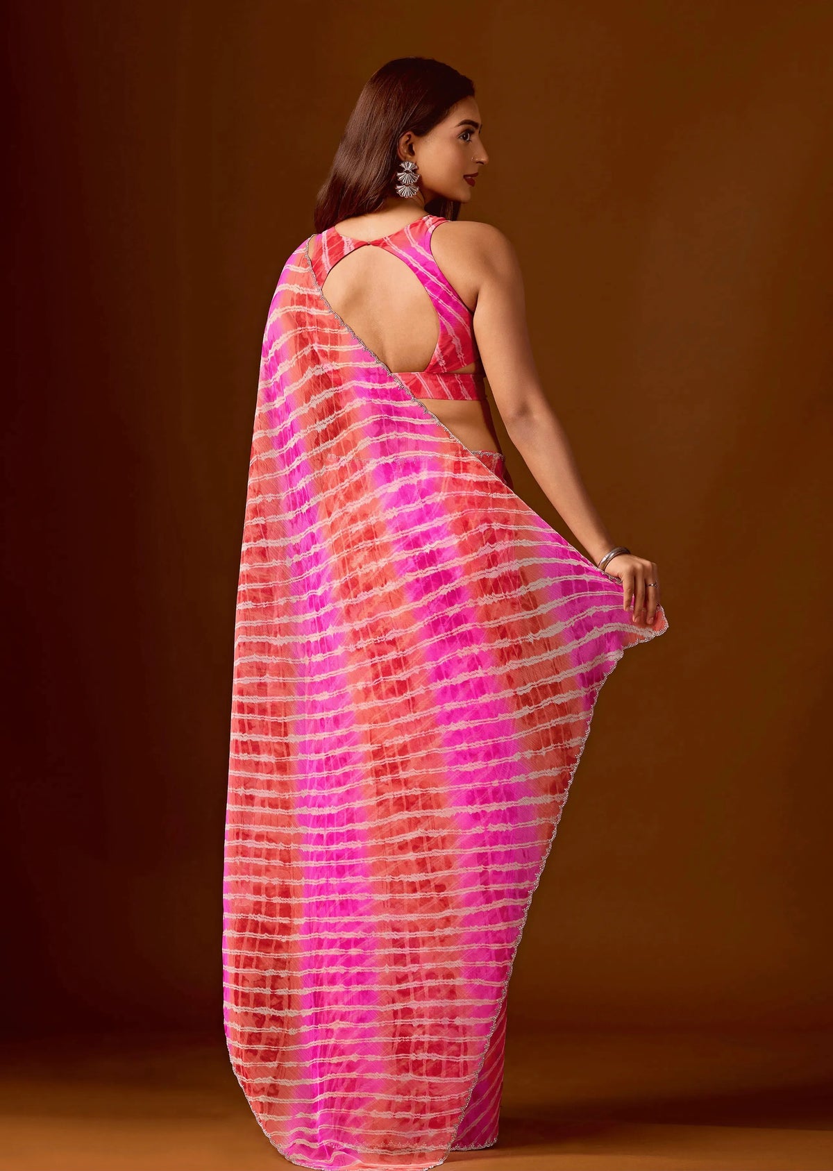 Flamingo Pink Chiffon Saree With Shibori Print