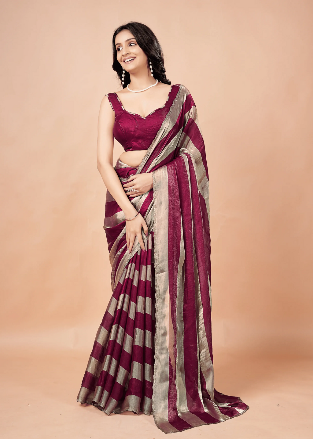 Wine Tissue Silk Saree With Metallic Stripe Work