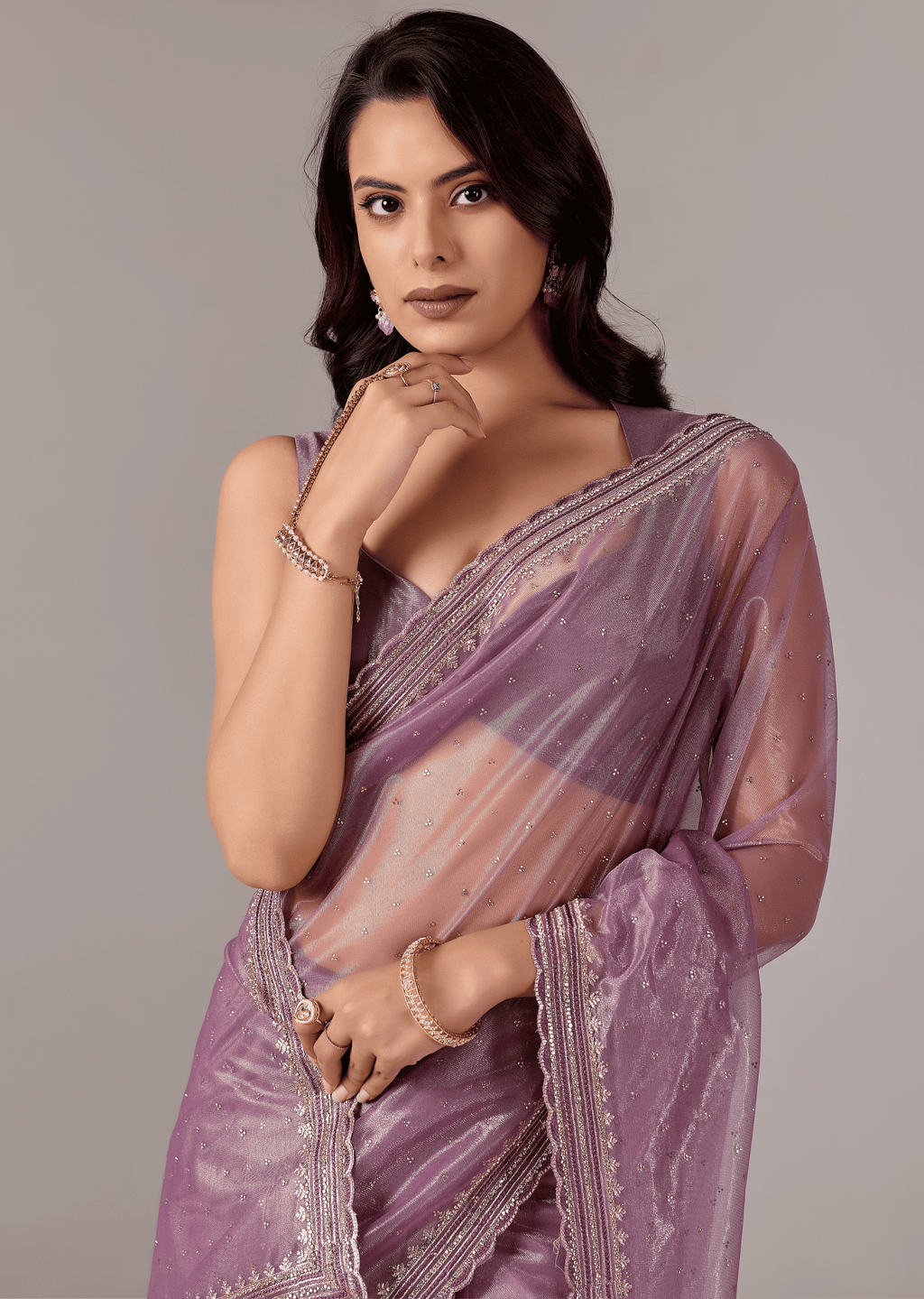 Purple Organza Saree With Sequin Border Work