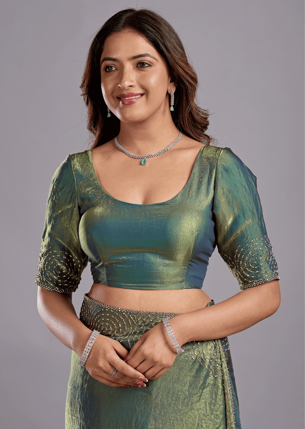 Olive Green Tissue Silk Saree With Crystal Spiral Work