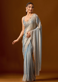 Sky Blue Tissue Silk Saree With Stone Work - Front Look | Buy Online Ethnic9