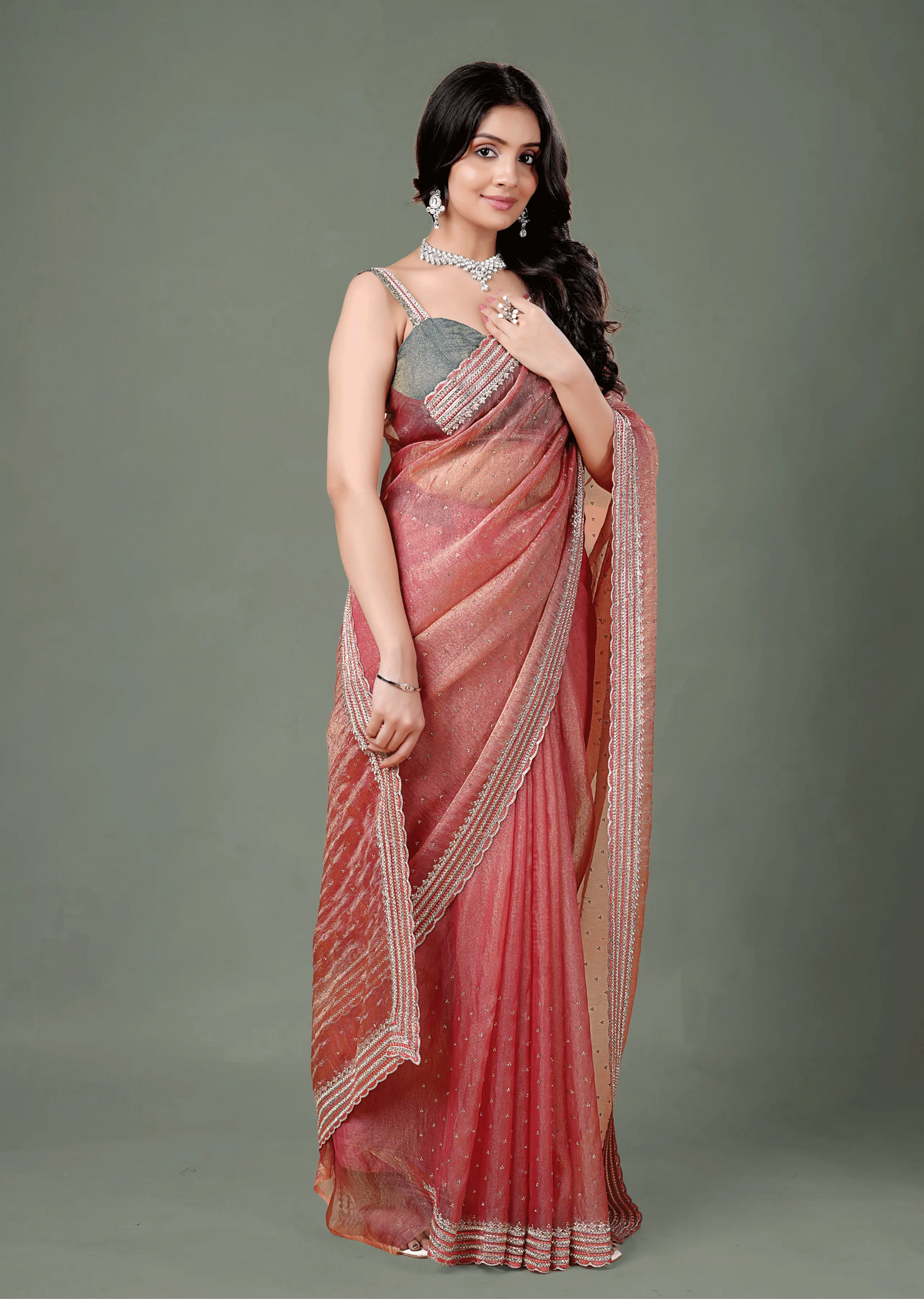 Dusty Pink Organza Saree With Stone Work