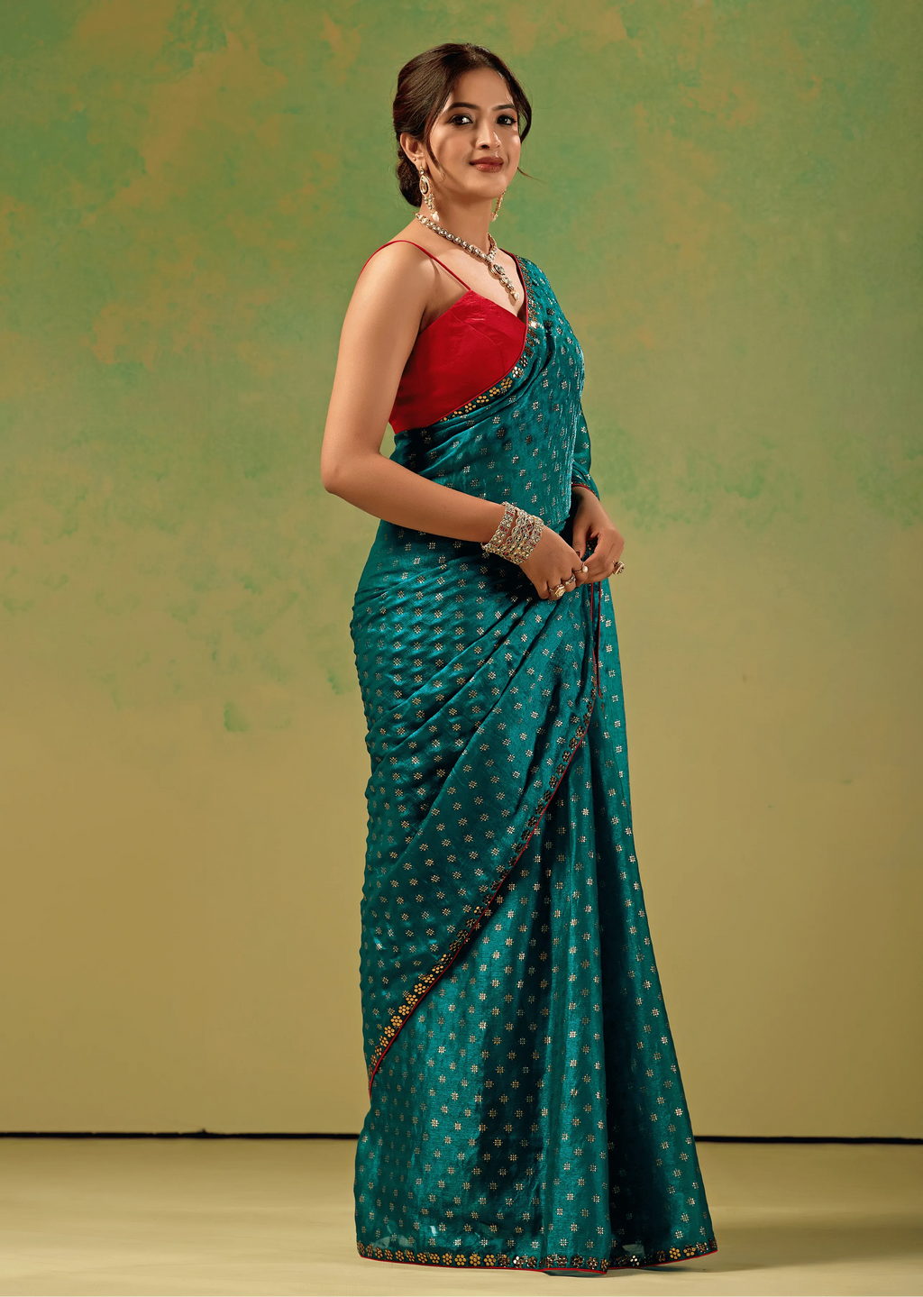 Teal Blue Tissue Silk Saree Blouse Close Up - Contrast Border Detail