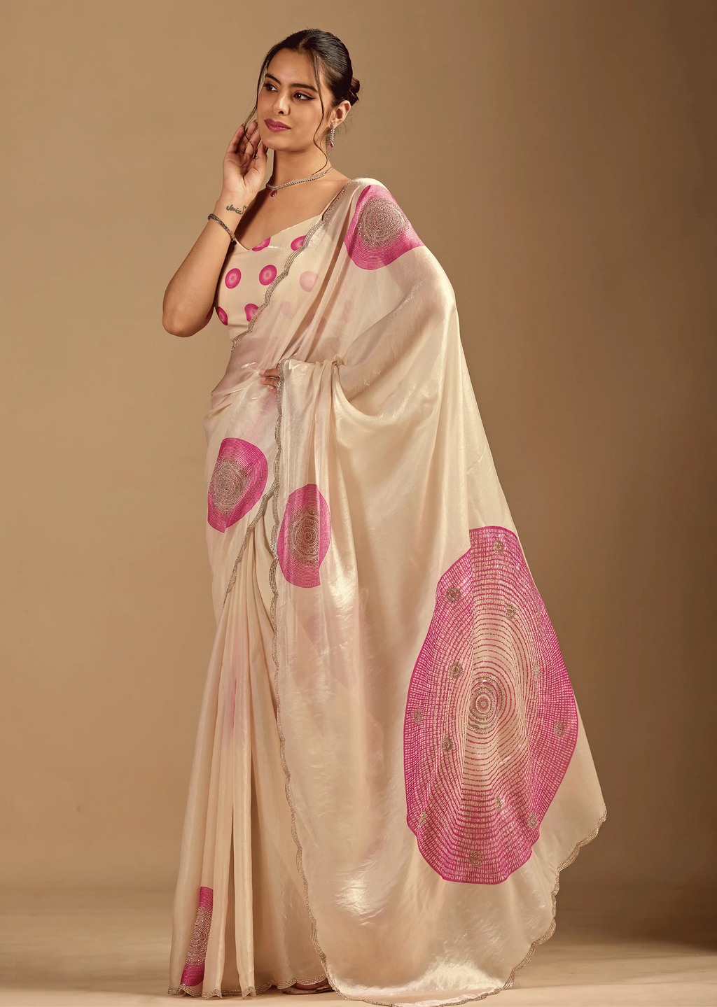Ivory Organza Silk Saree Draped Look - Traditional Wear Saree