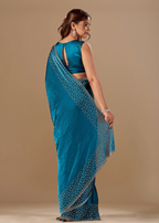  Teal Blue Tissue Silk Saree Back Pose - Stone Work Detail