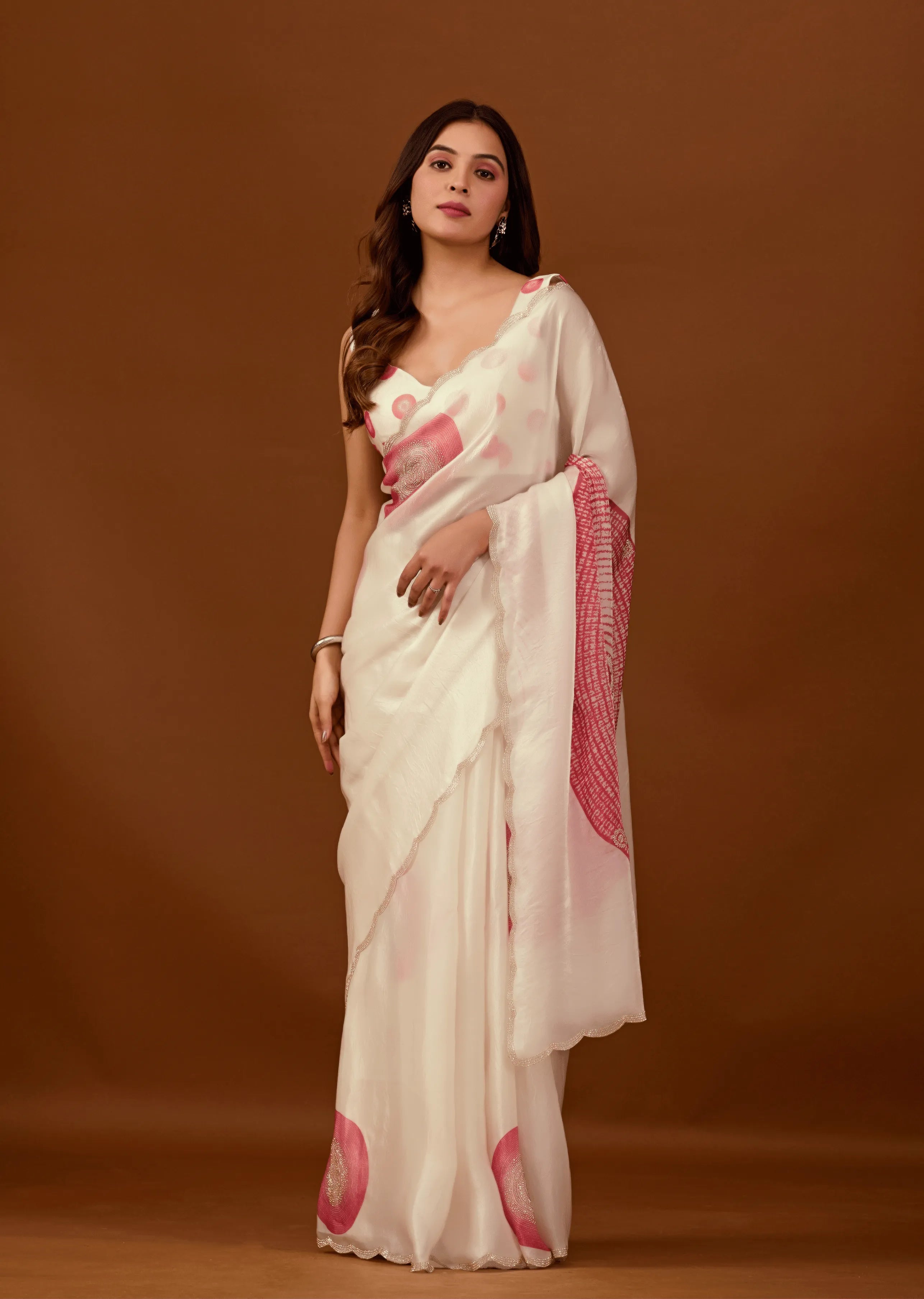 Ivory Organza Silk Saree With Stone Work - Front Look | Buy On Ethnic9