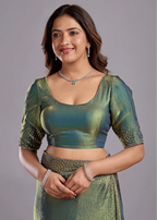 Olive Green Tissue Silk Saree With Crystal Spiral Work