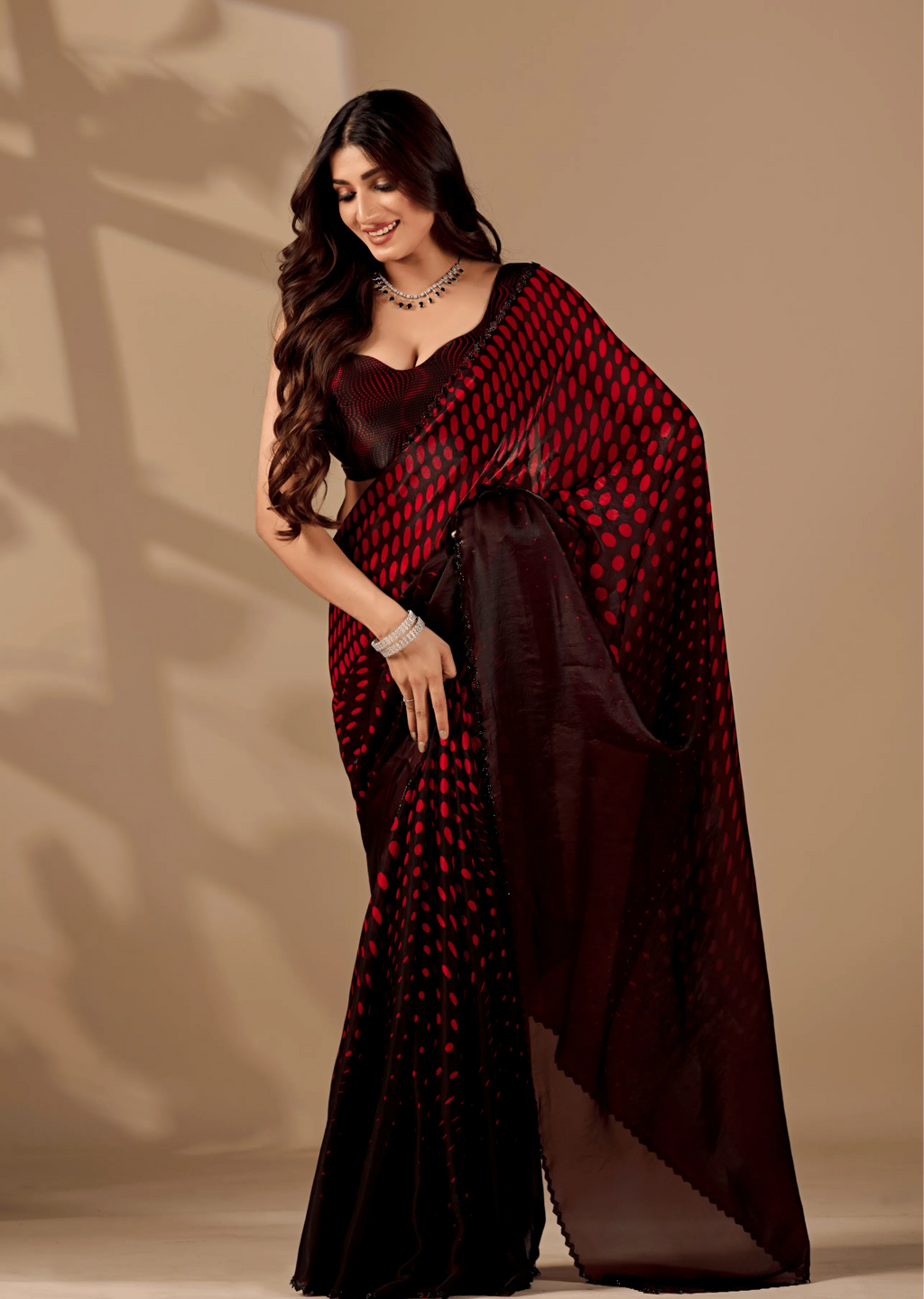 Ruby Red Organza Silk Saree Pallu Detail - Polka Dot Print Border
