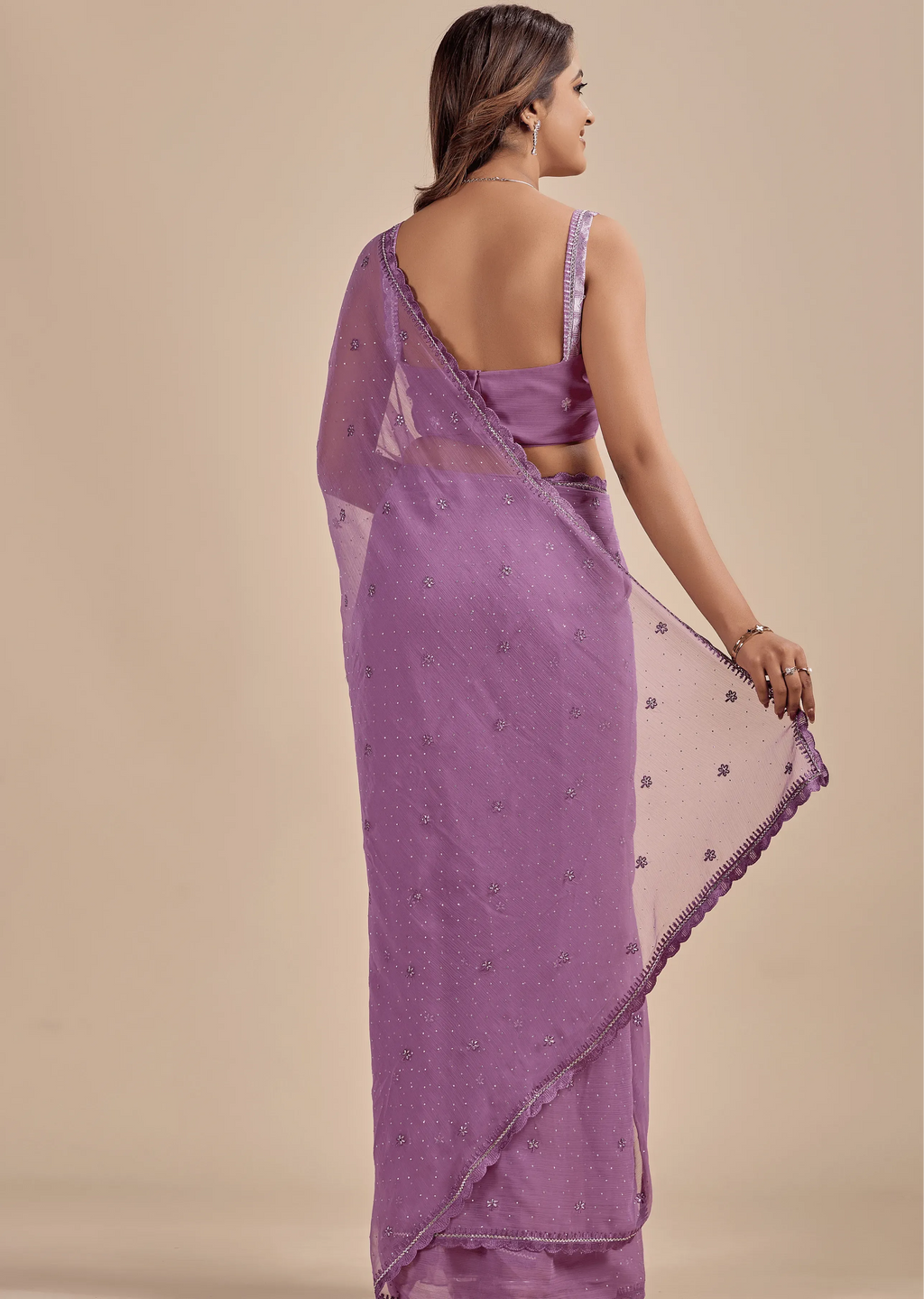 Lavender Chiffon Saree With Floral Embroidery