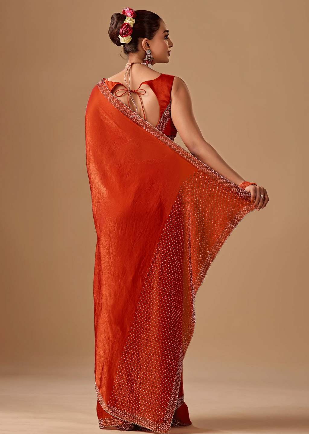 Burnt Orange Tissue Silk Saree With Rhinestone Border