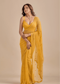 Mustard Yellow Chiffon Saree With Floral Embroidery