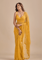 Mustard Yellow Chiffon Saree With Floral Embroidery