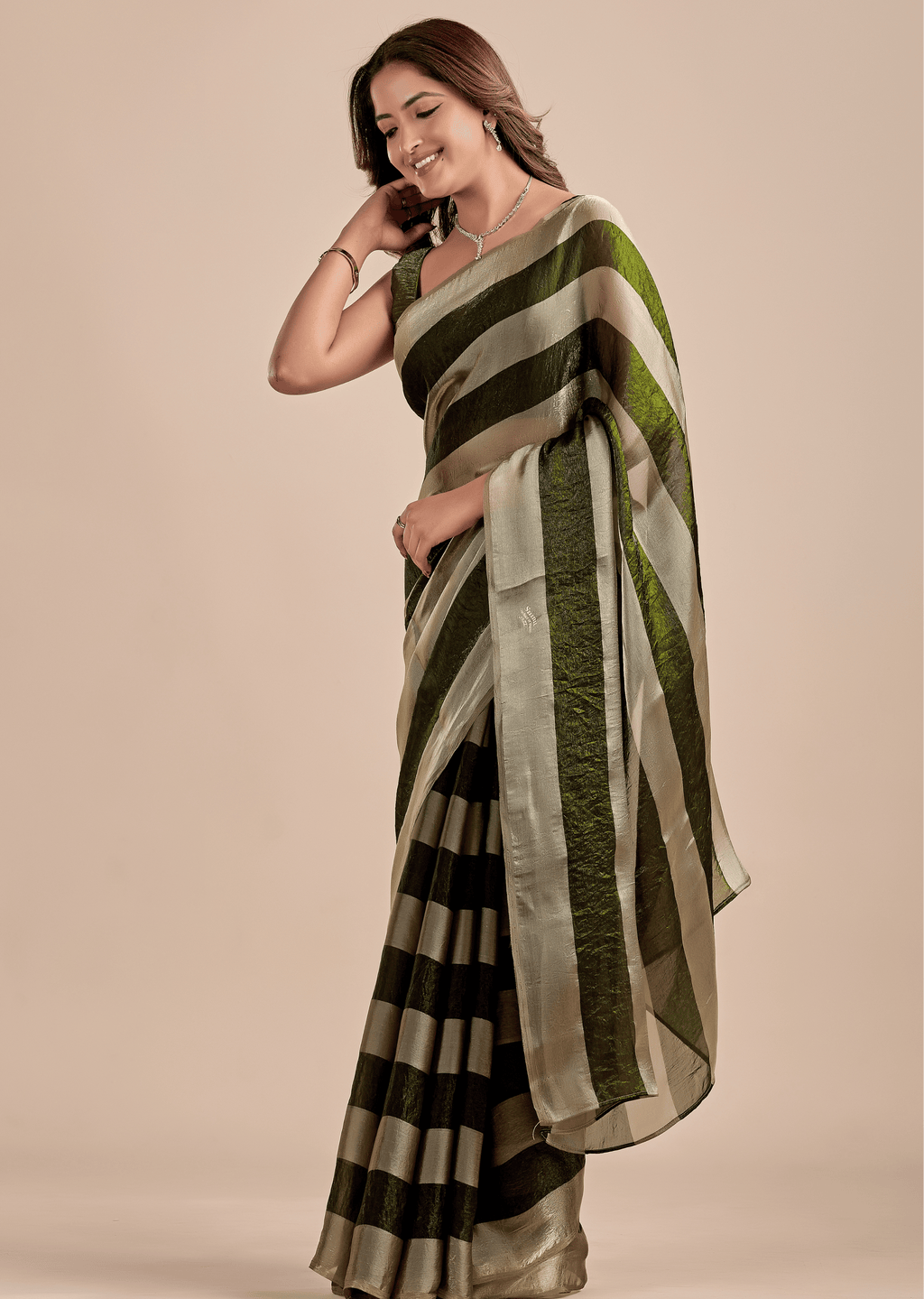 Olive Green Tissue Silk Saree With Metallic Stripe Weave