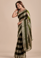 Olive Green Tissue Silk Saree With Metallic Stripe Weave