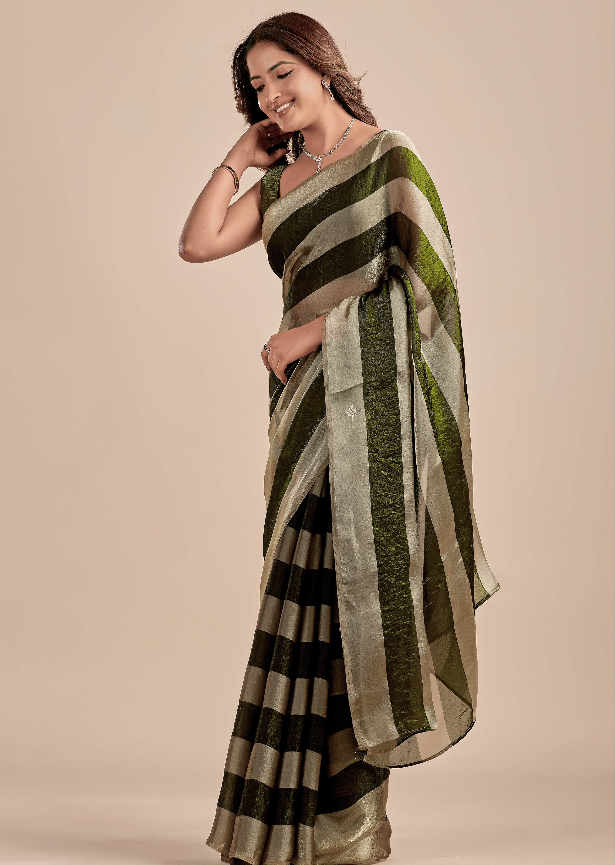 Olive Green Tissue Silk Saree With Metallic Stripe Weave