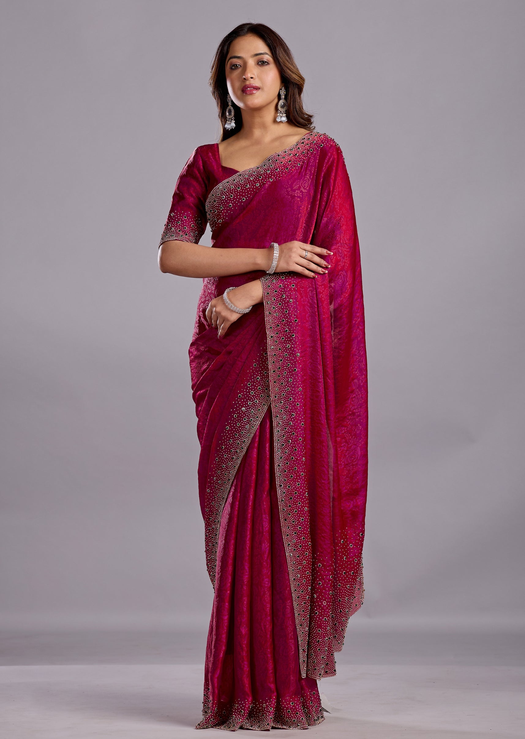 Rani Pink Tissue Silk Saree With Crystal Stone Work