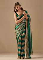 Emerald Green Tissue Silk Saree With Metallic Stripe Weave
