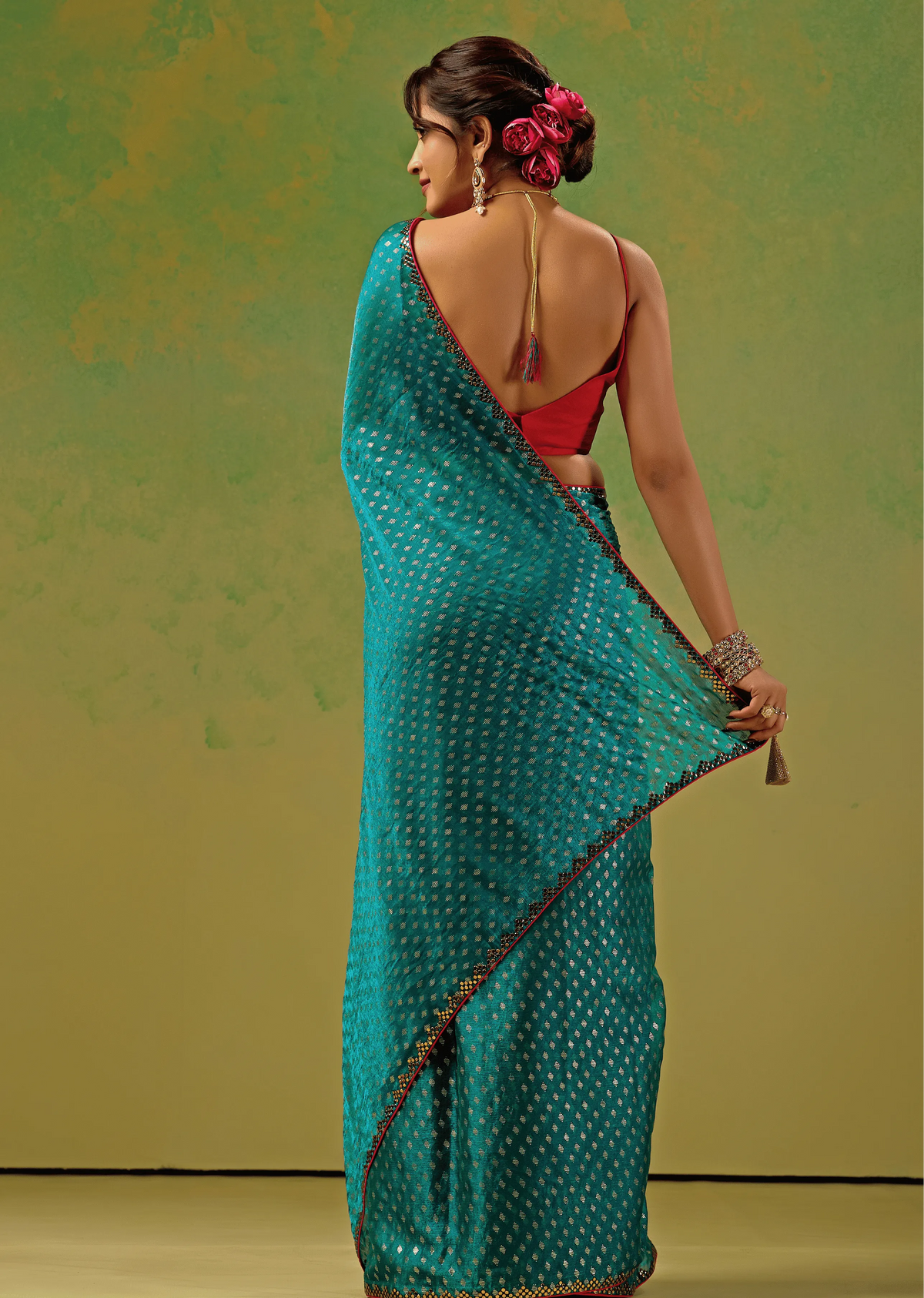Firozi Tissue Silk Saree Back Pose - Foil Dot Weaving Detail
