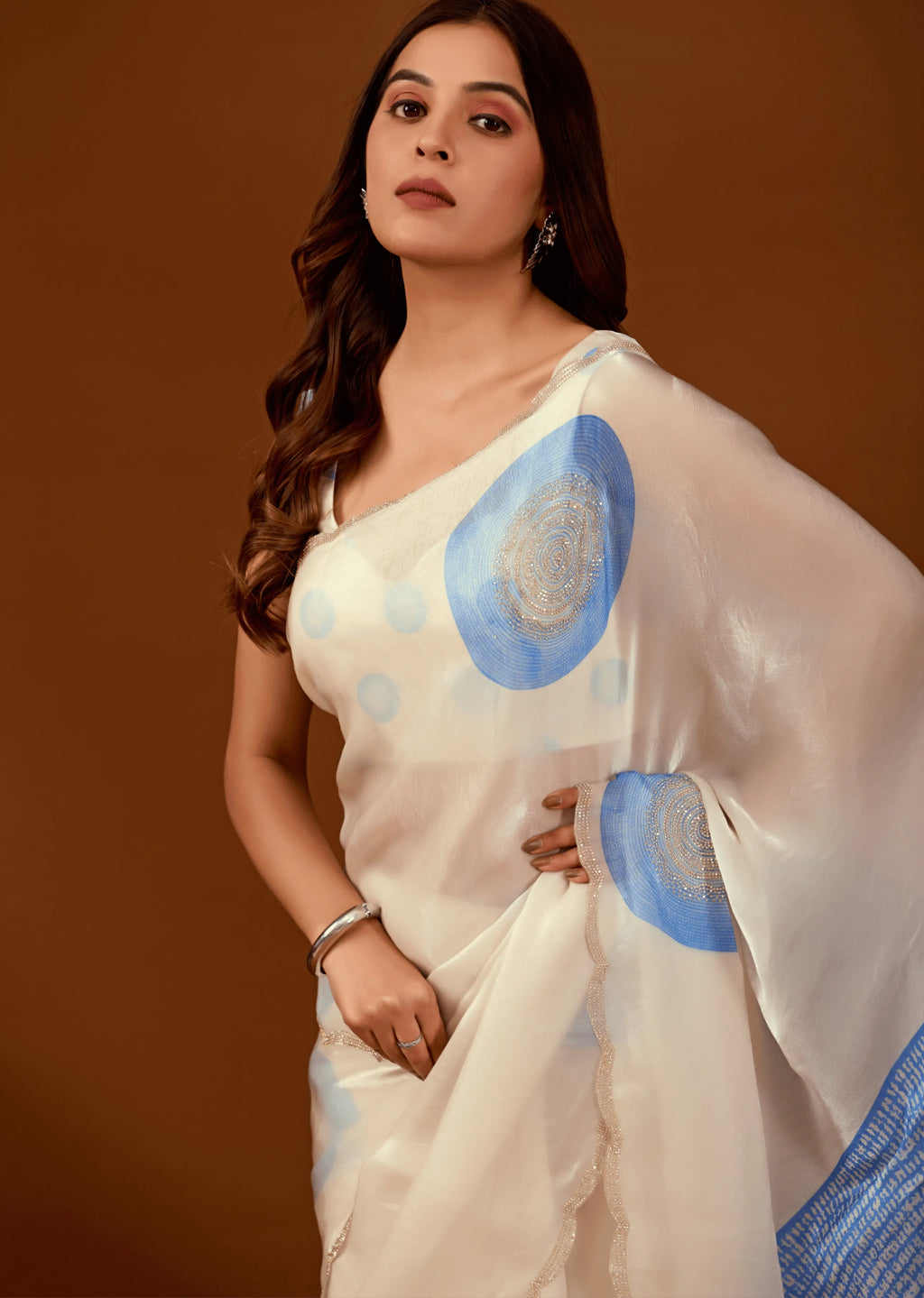 Off White Organza Silk Saree Side Pose - Foil Print Design