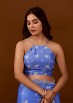 Sky Blue Organza Silk Saree With Heart Print & Stone Work