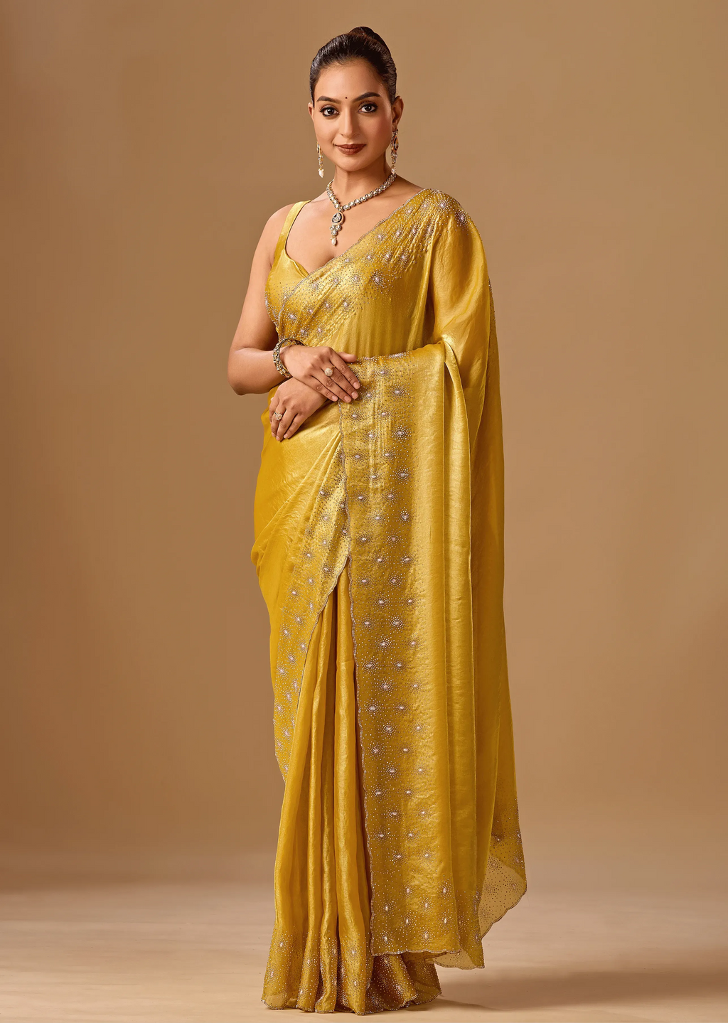 Golden Mustard Tissue Silk Saree With Crystal Stone Border