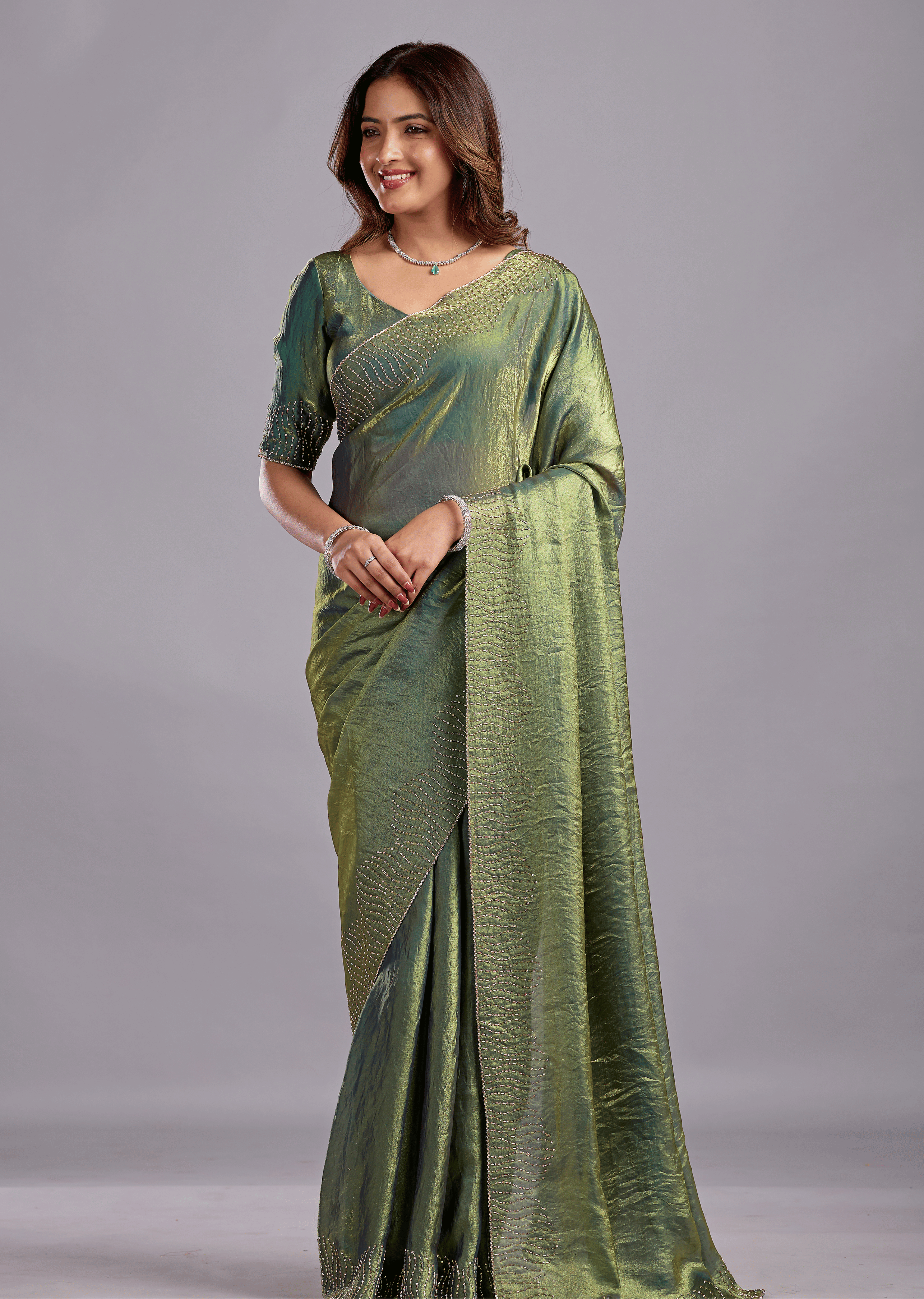 Olive Green Tissue Silk Saree With Stone Work