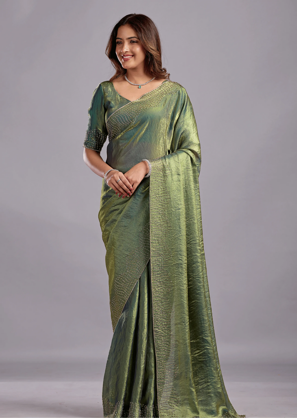 Olive Green Tissue Silk Saree Standing Look - Party Wear Saree