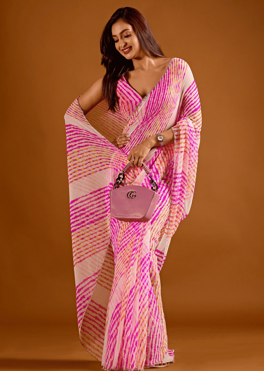 Rani Pink Chiffon Saree With Leheriya Print