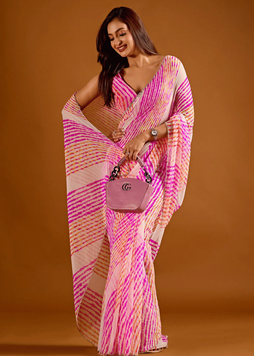 Designer Leheriya saree in Pink and white
