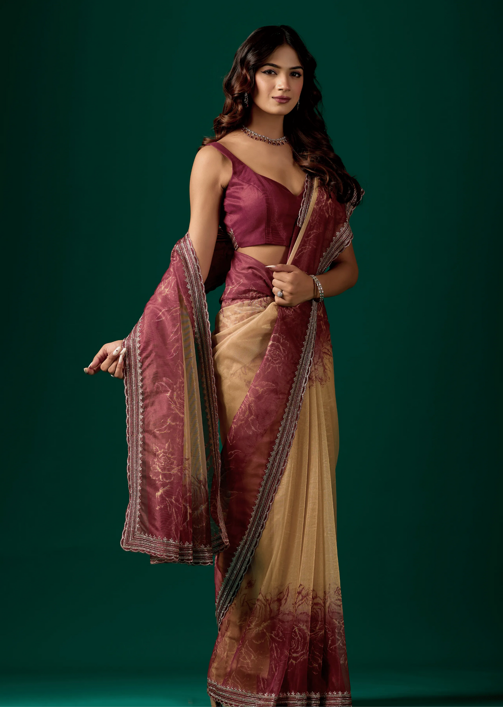 Maroon Organza Saree Standing Look - Party Wear Saree