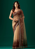 Coffee Brown Organza Saree With Floral Print