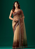 Coffee Brown Organza Saree With Floral Print - Front Look | Buy On Ethnic9