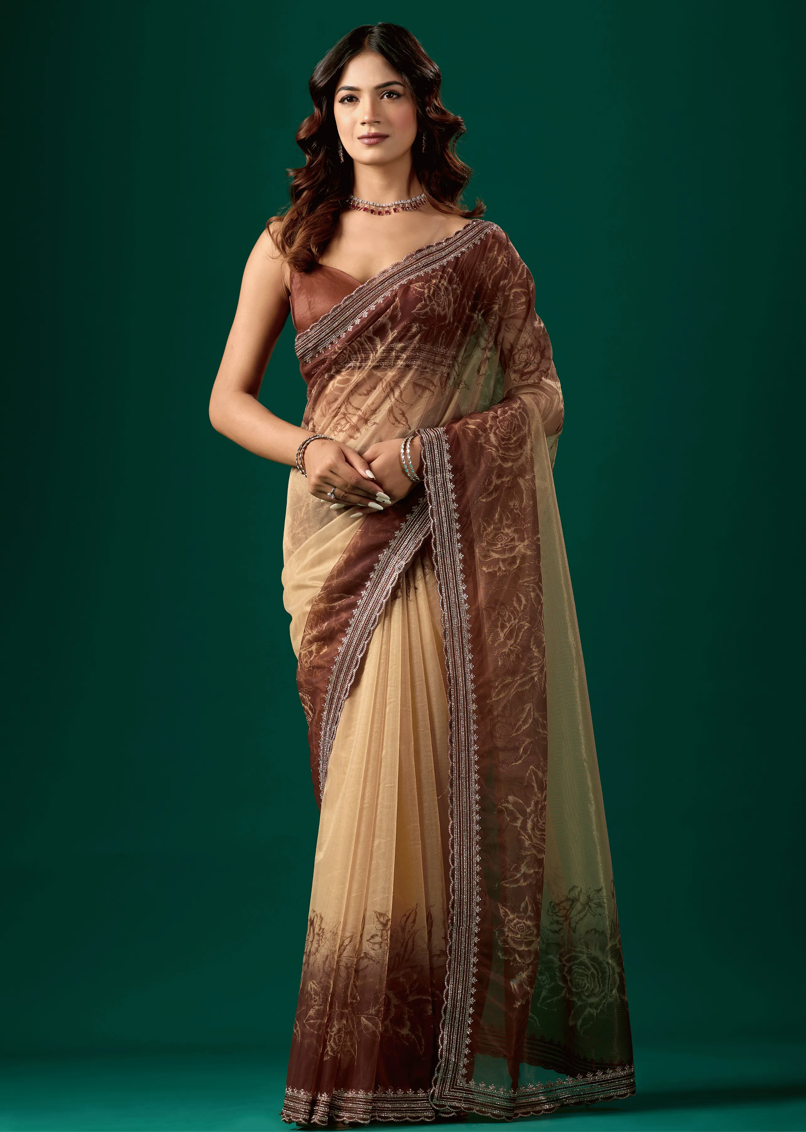 Coffee Brown Organza Saree With Floral Print - Front Look | Buy On Ethnic9