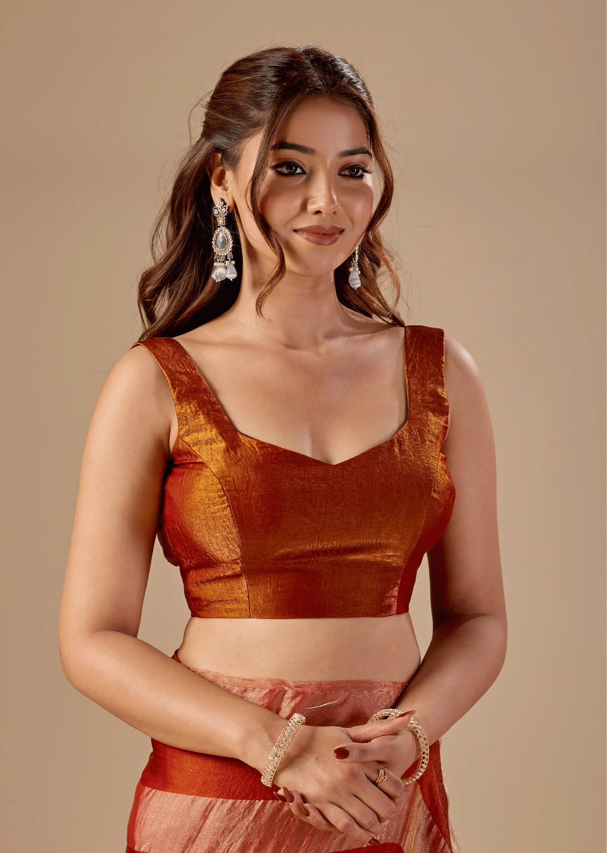 Copper Rust Tissue Silk Saree With Metallic Stripe Weave