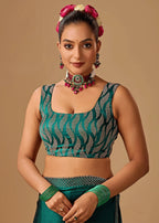 Emerald Green Tissue Silk Saree With Crystal Stone Border