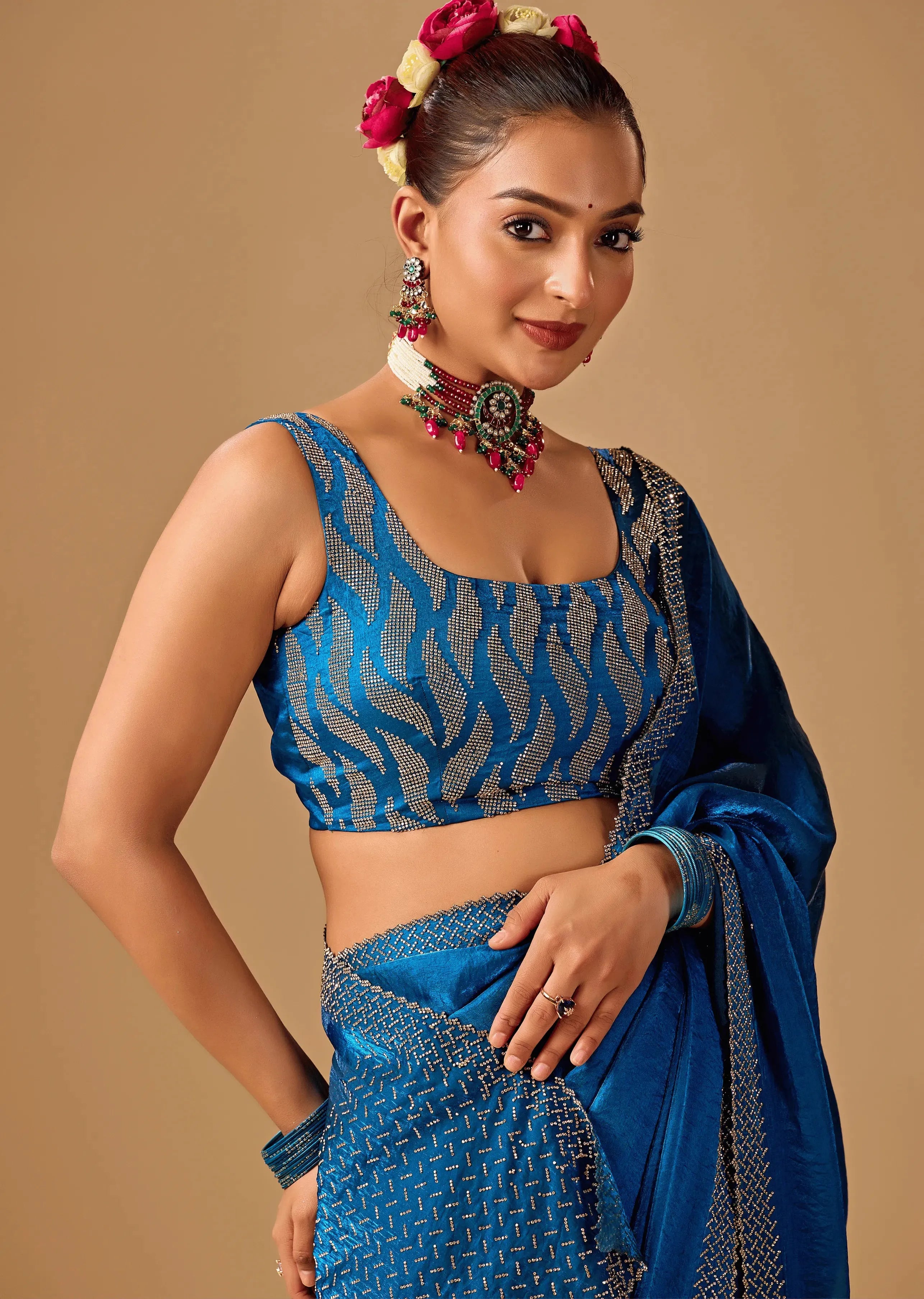 Royal Blue Tissue Silk Saree With Stone Work Border