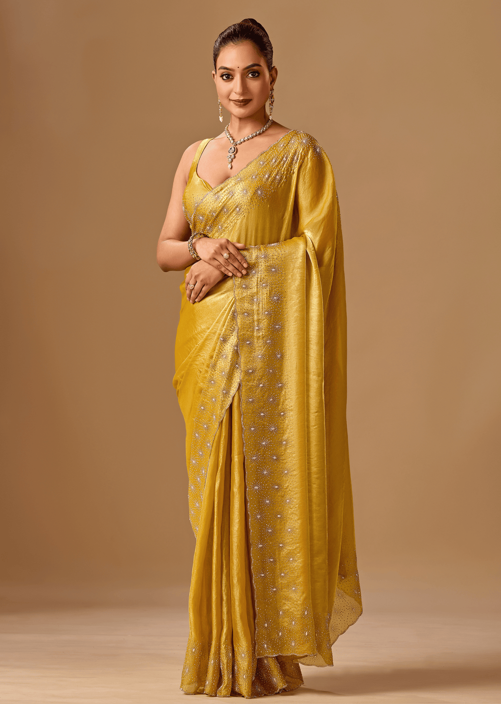 Golden Mustard Tissue Silk Saree With Crystal Stone Border