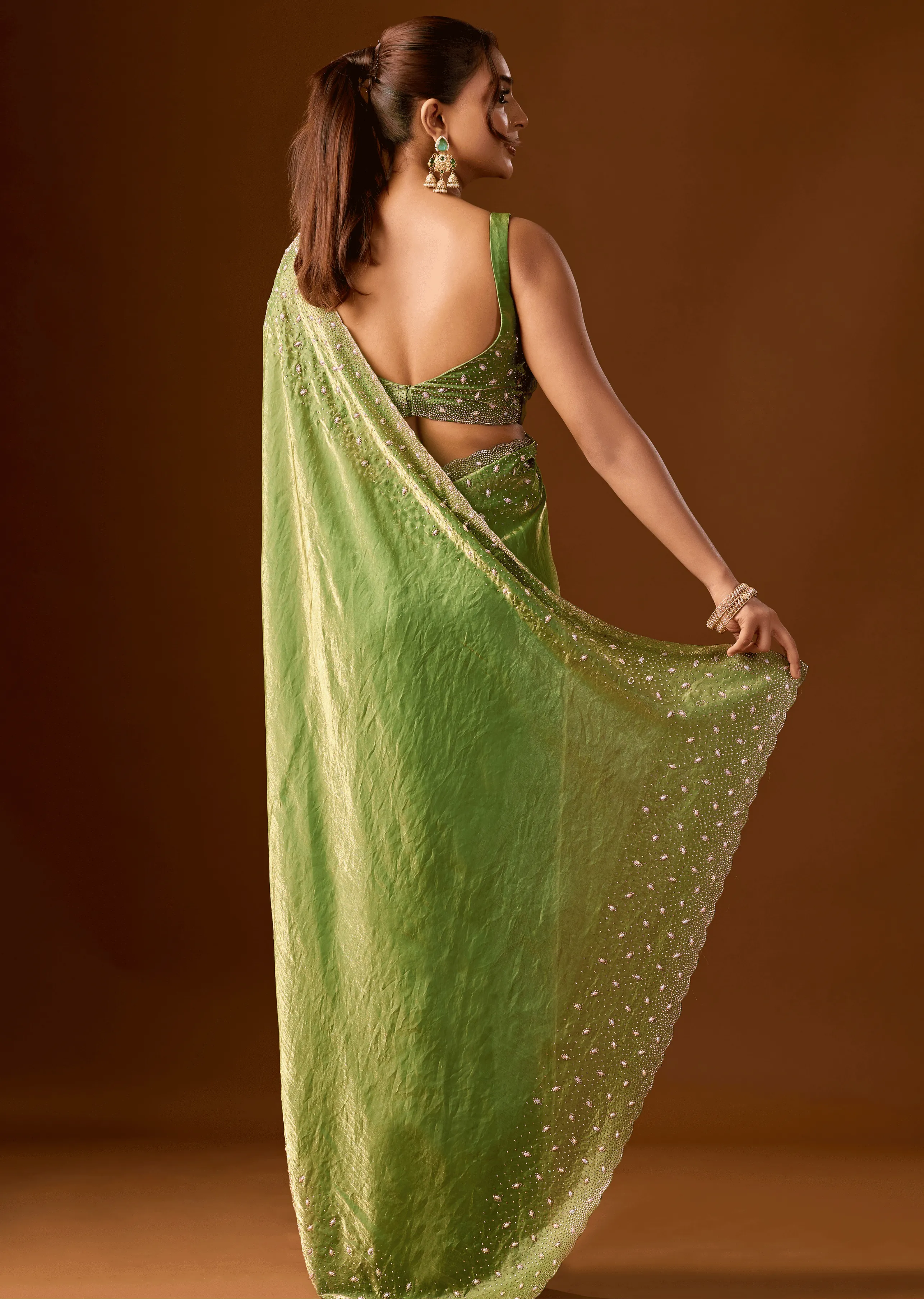  Pista Green Tissue Silk Saree Back Pose - Stone Work Detail
