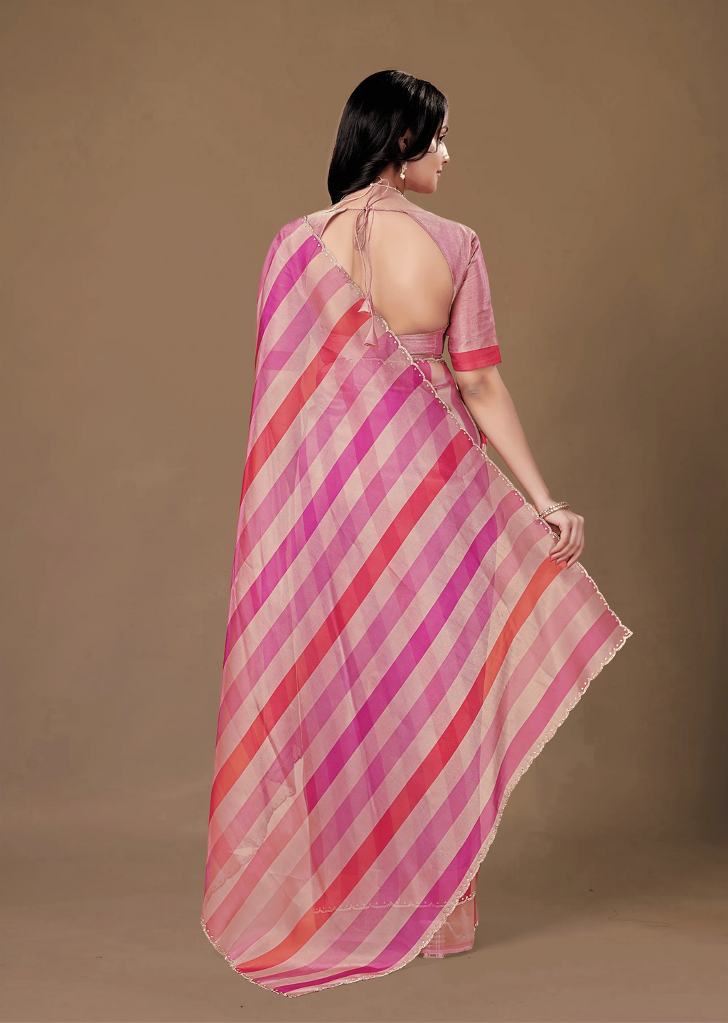 Pink Organza Saree Back Pose - Striped Print Detail