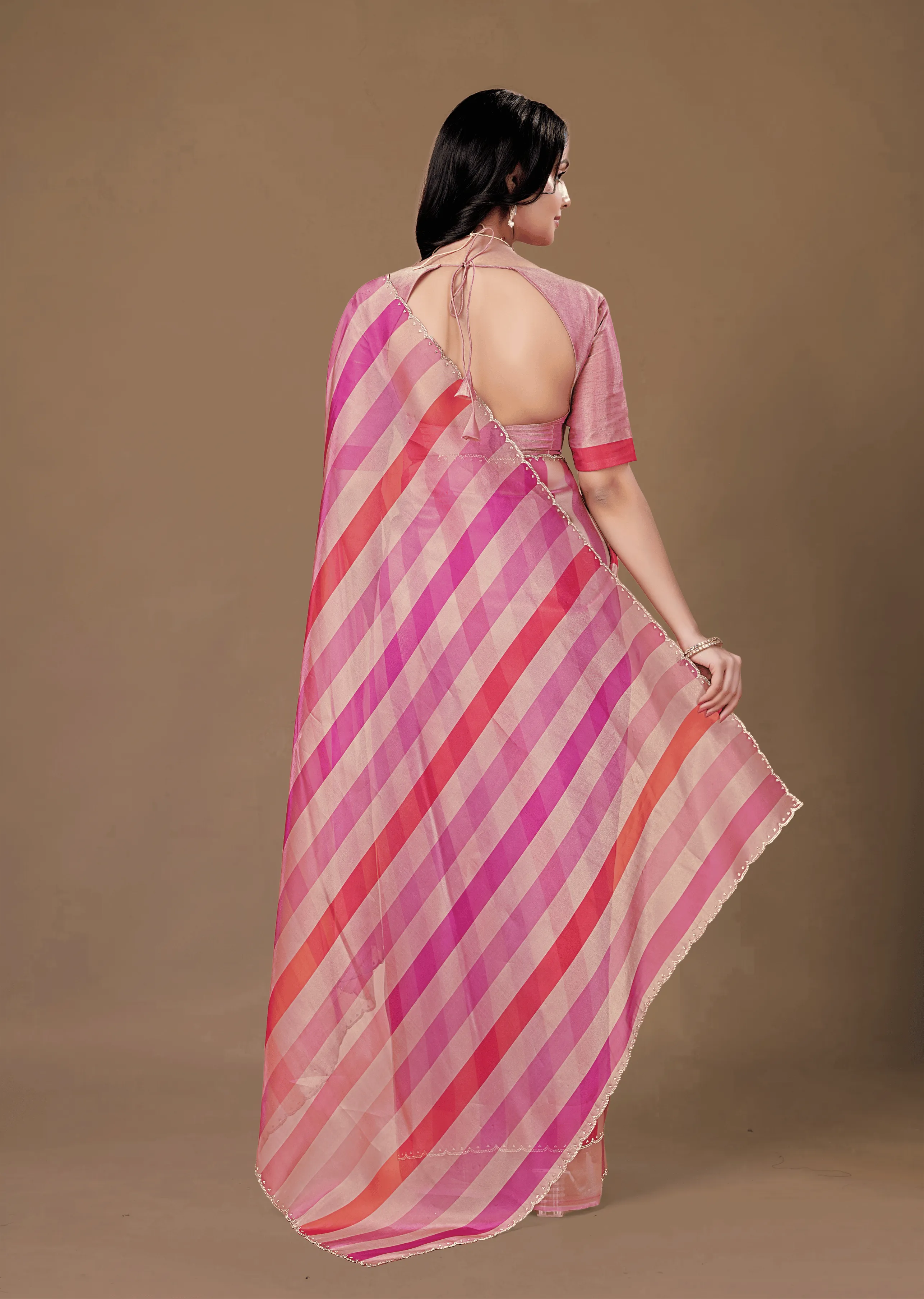 Pink Organza Saree Back Pose - Striped Print Detail