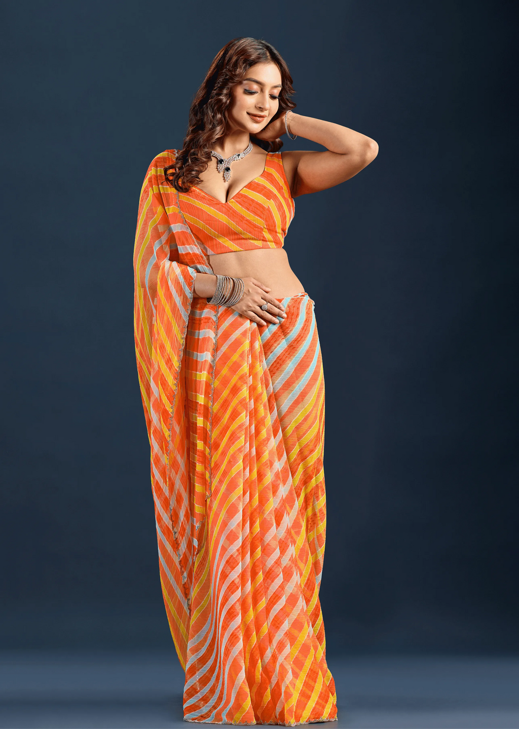 Orange Chiffon Saree Blouse Close Up - Silver Lace Detailing