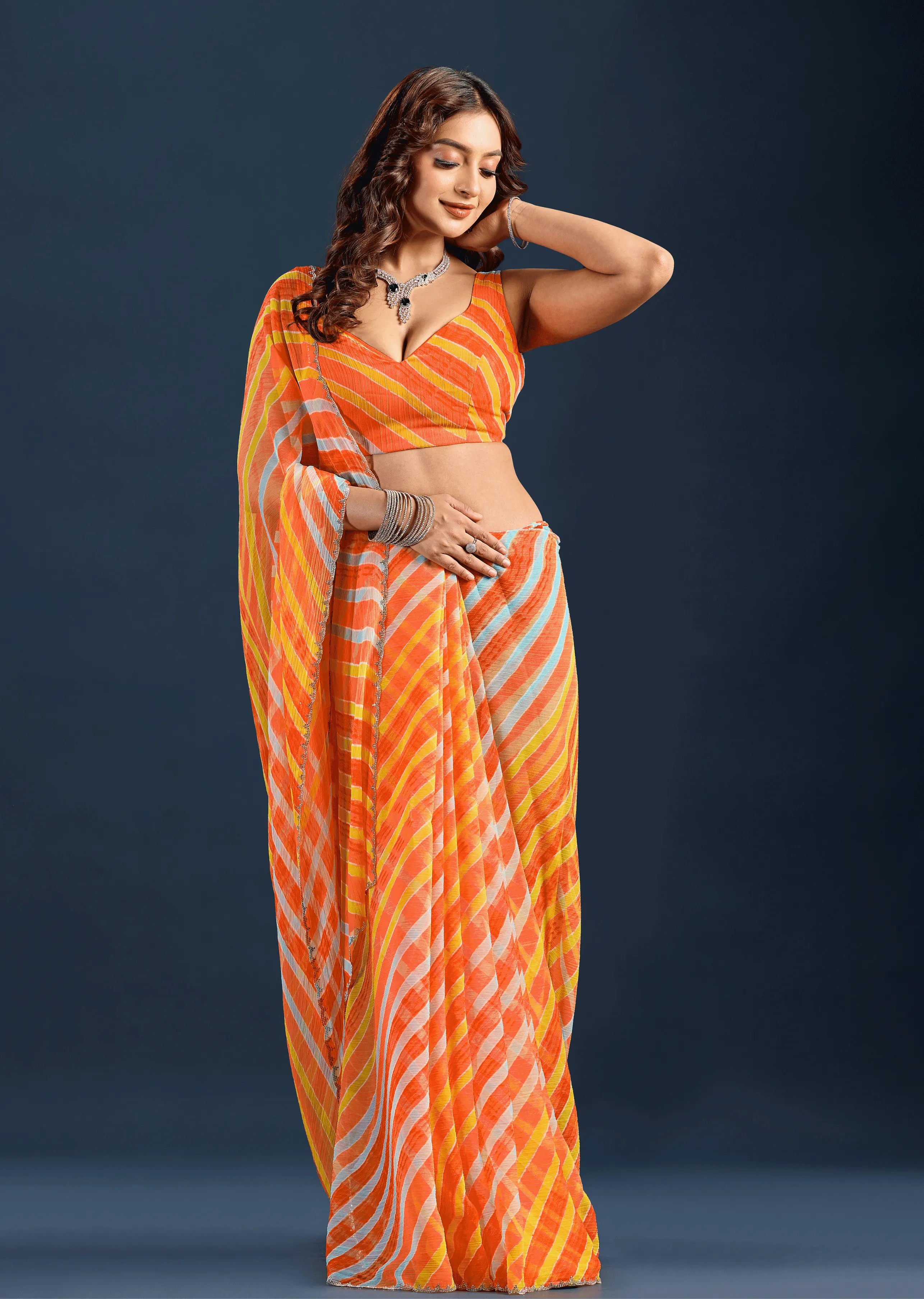 Orange Chiffon Saree Blouse Close Up - Silver Lace Detailing