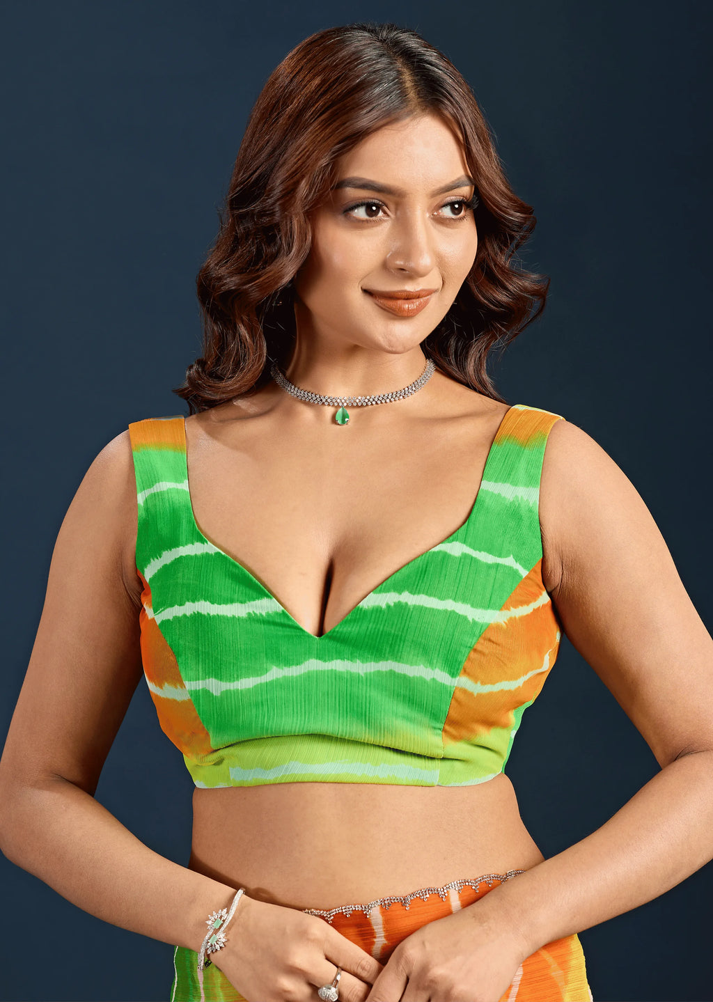Multicolor Chiffon Saree Blouse Close Up - Leheriya Print Design
