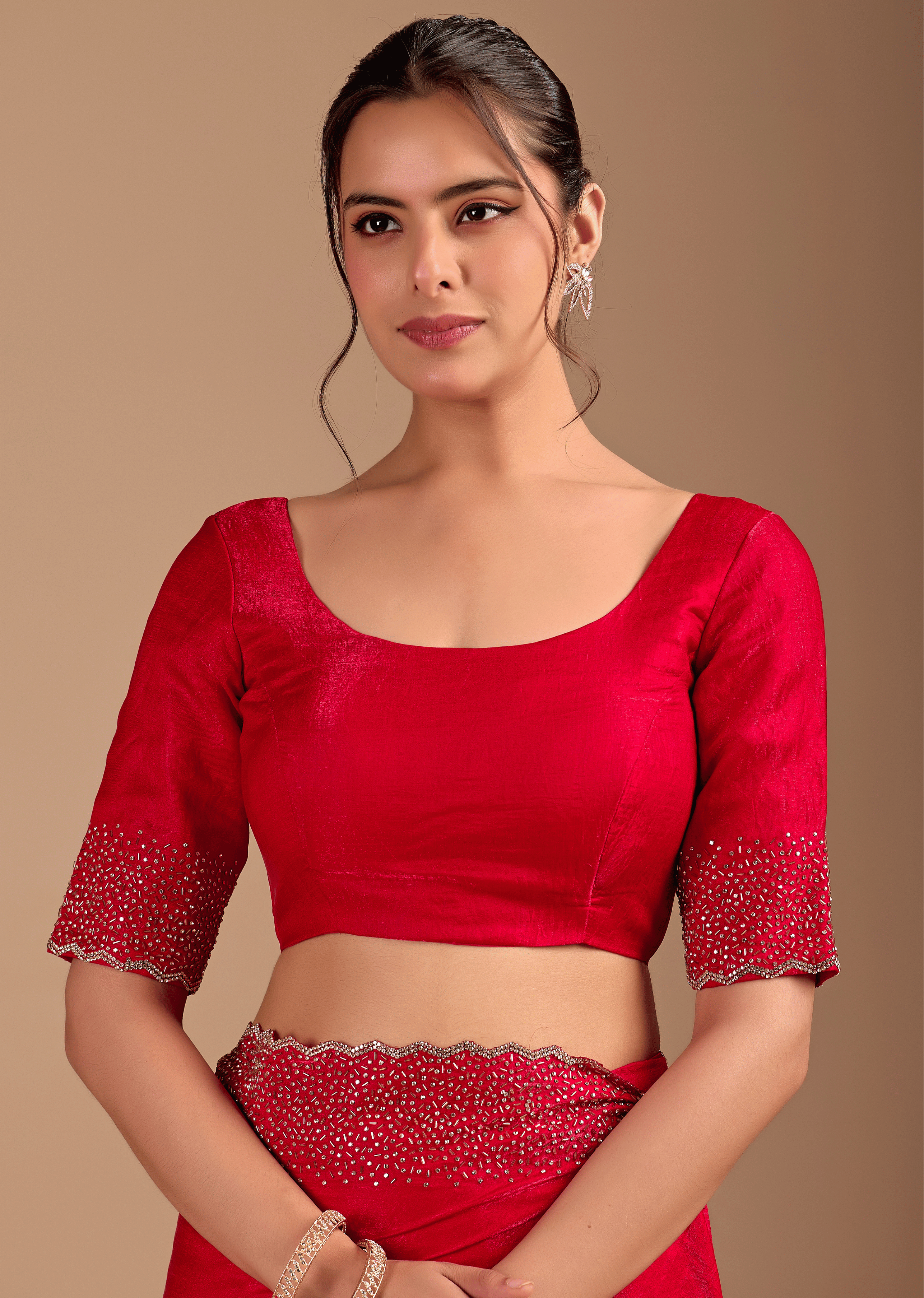 Red Tissue Silk Saree With Stone Work Border