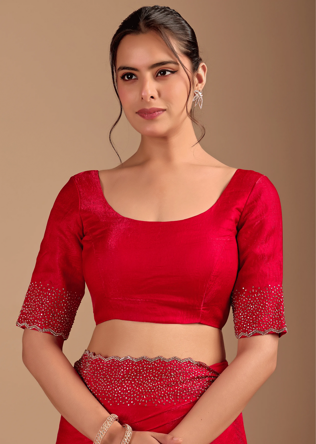 Red Tissue Silk Saree Blouse Close Up - Stone Work Detailing