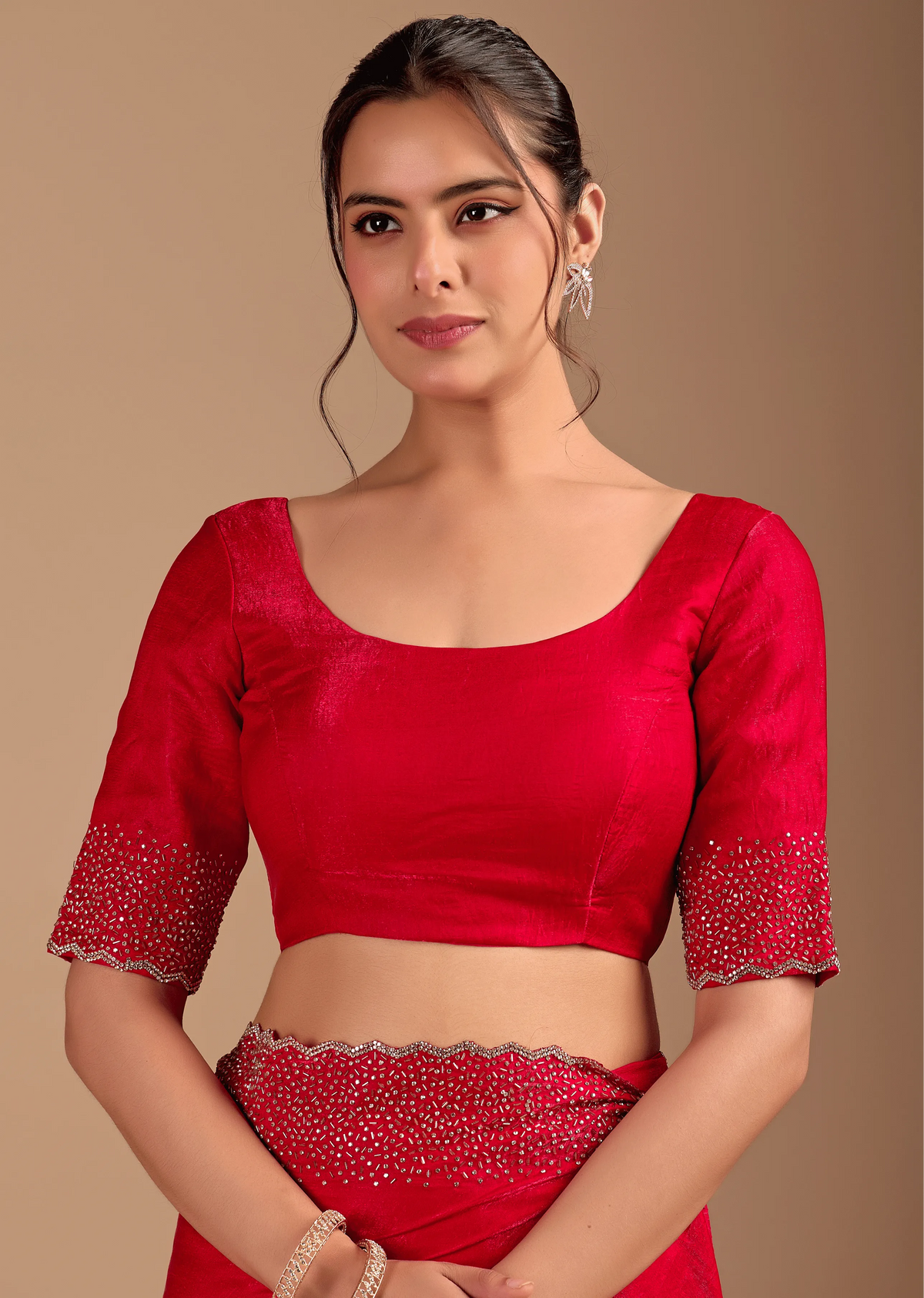 Red Tissue Silk Saree Blouse Close Up - Stone Work Detailing