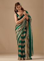 Emerald Green Tissue Silk Saree With Metallic Stripe Weave