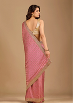 Rose Pink Tissue Silk Saree With Crystal Stone Border