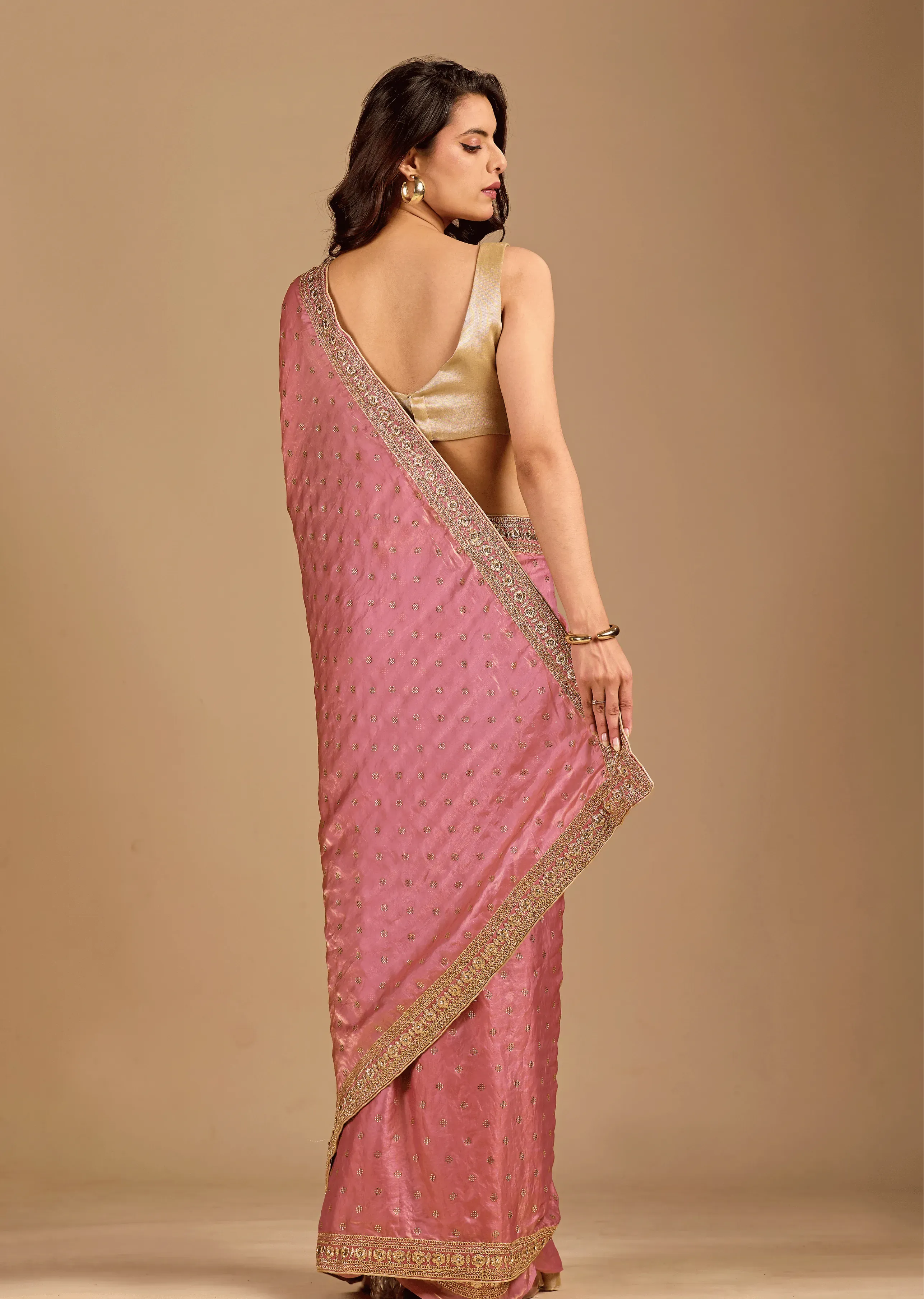 Rose Pink Tissue Silk Saree With Crystal Stone Border