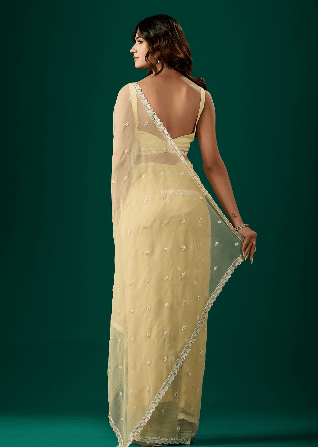 Butter Yellow Chiffon Saree With Floral Embroidery